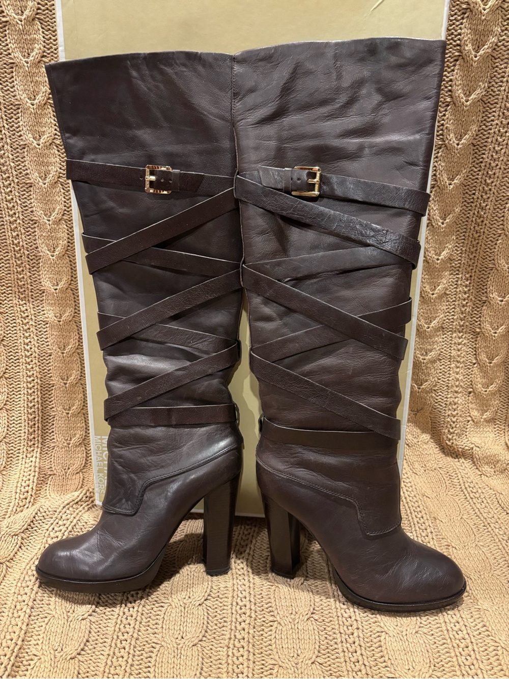 MICHAEL Michael Kors Greenwich Belted Brown Leather tall Boots - Coffee